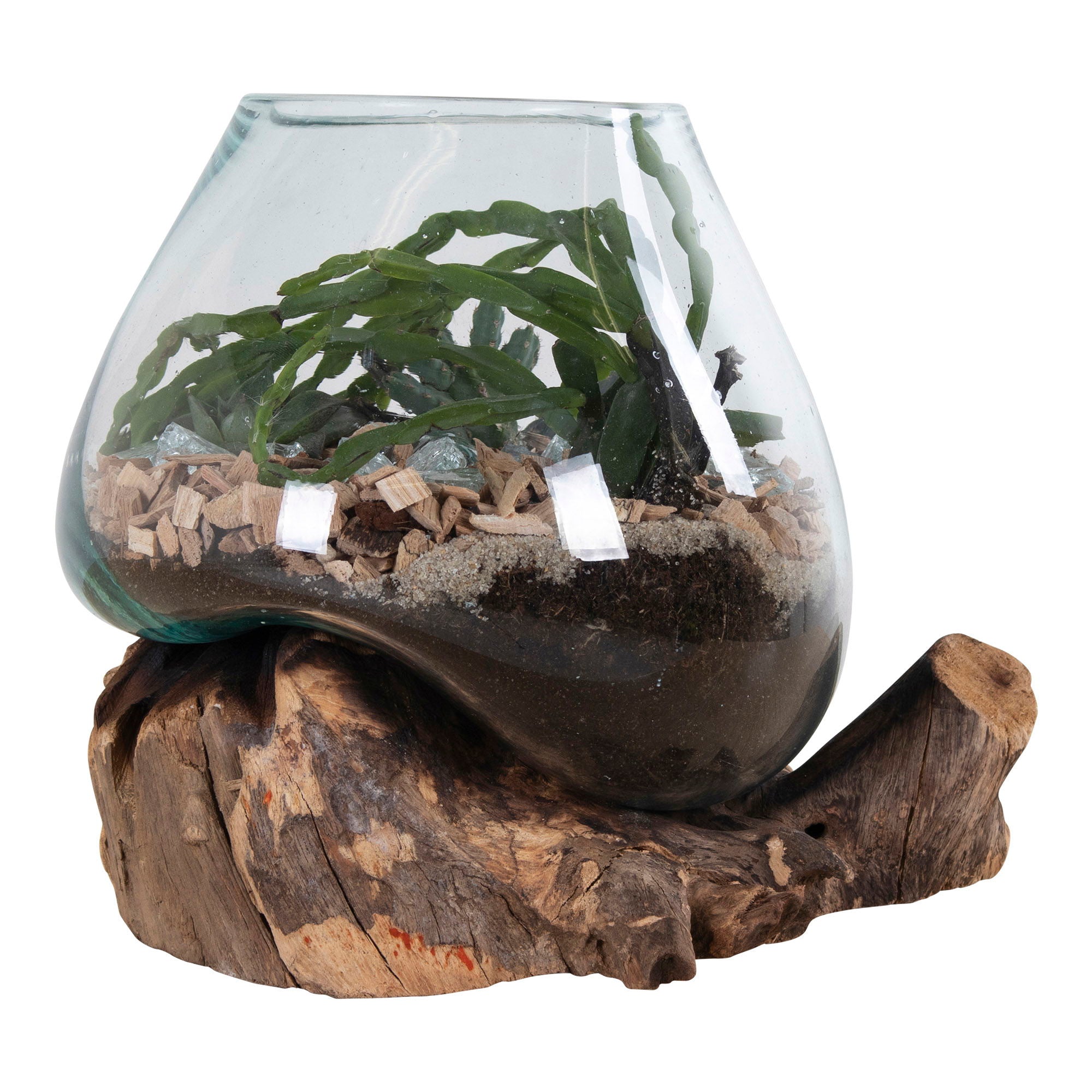 Glasobjekt auf Teakholz, natur, H20 cm
